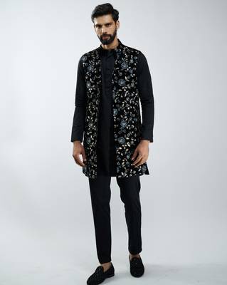 men black fine satin kurta set with velvet embroidered nehru jacket & pants  wedding & festive wear 3