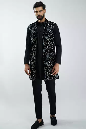 men black fine satin kurta set with velvet embroidered nehru jacket & pants  wedding & festive wear