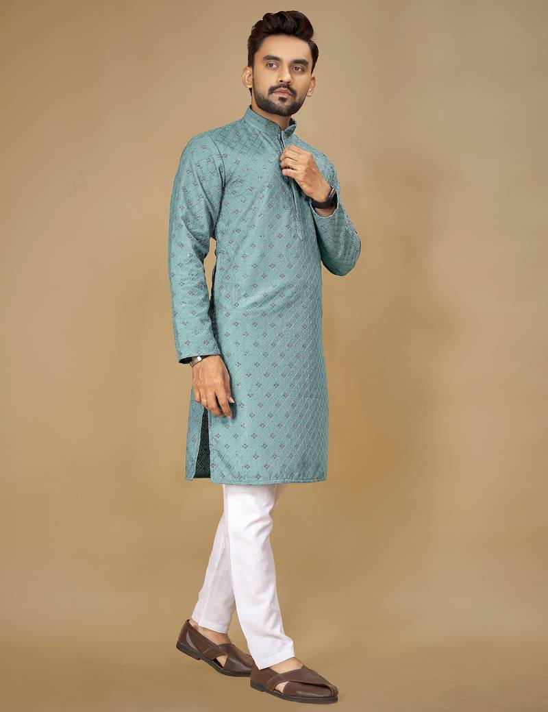 Sky blue embroidered rayon straight kurta