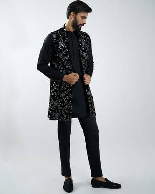 men black fine satin kurta set with velvet embroidered nehru jacket & pants  wedding & festive wear 4