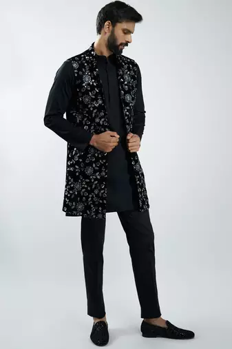 men black fine satin kurta set with velvet embroidered nehru jacket & pants  wedding & festive wear