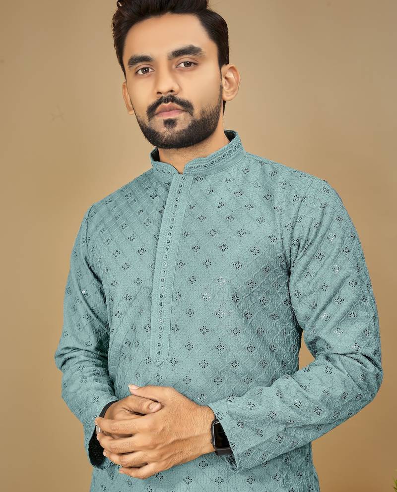 Sky blue embroidered rayon straight kurta