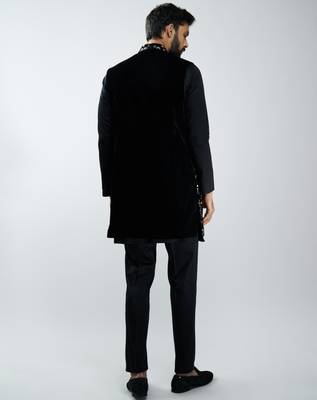 men black fine satin kurta set with velvet embroidered nehru jacket & pants  wedding & festive wear 5