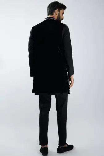 men black fine satin kurta set with velvet embroidered nehru jacket & pants  wedding & festive wear