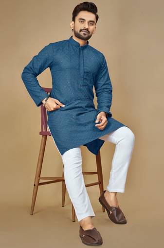 Teal embroidered rayon straight kurta