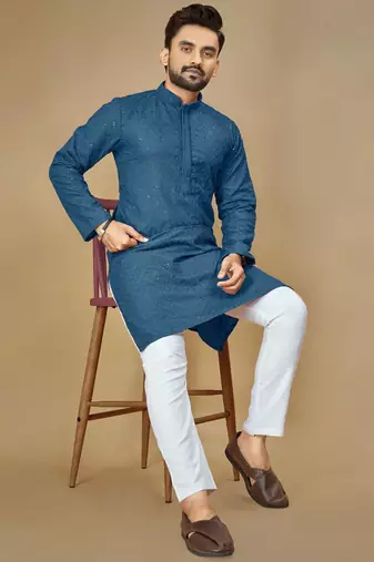 Teal embroidered rayon straight kurta