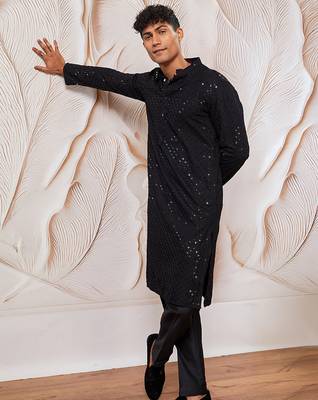 mens black cotton kurta with silk blend pant set - formal festive ethnic wear with sequin embroidery 1