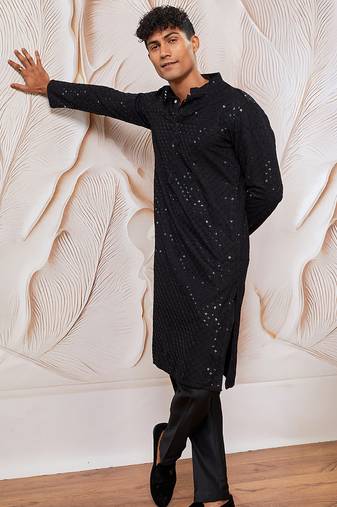 mens black cotton kurta with silk blend pant set - formal festive ethnic wear with sequin embroidery