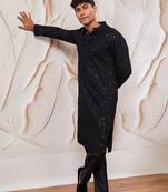 mens black cotton kurta with silk blend pant set - formal festive ethnic wear with sequin embroidery
