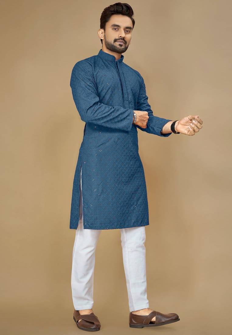 Teal embroidered rayon straight kurta
