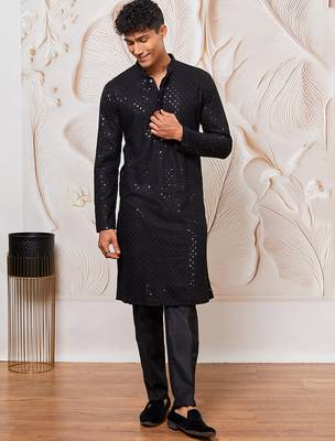 mens black cotton kurta with silk blend pant set - formal festive ethnic wear with sequin embroidery 2