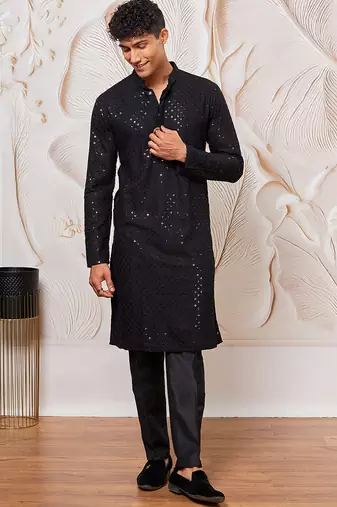 mens black cotton kurta with silk blend pant set - formal festive ethnic wear with sequin embroidery