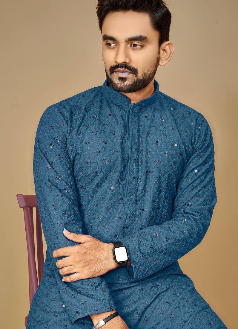 Teal embroidered rayon straight kurta