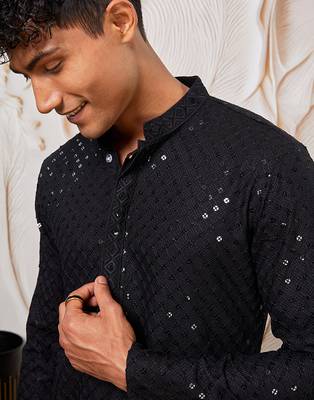mens black cotton kurta with silk blend pant set - formal festive ethnic wear with sequin embroidery 3