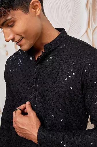mens black cotton kurta with silk blend pant set - formal festive ethnic wear with sequin embroidery