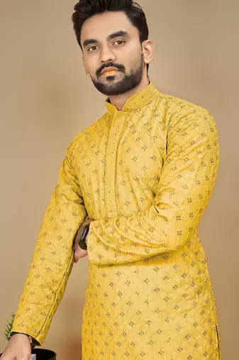 Yellow embroidered rayon straight kurta