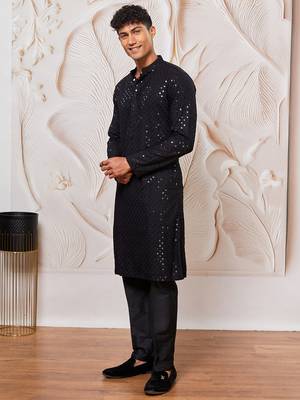mens black cotton kurta with silk blend pant set - formal festive ethnic wear with sequin embroidery 4