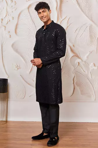 mens black cotton kurta with silk blend pant set - formal festive ethnic wear with sequin embroidery