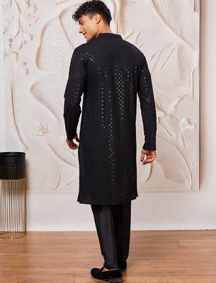 mens black cotton kurta with silk blend pant set - formal festive ethnic wear with sequin embroidery 5