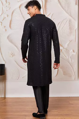 mens black cotton kurta with silk blend pant set - formal festive ethnic wear with sequin embroidery