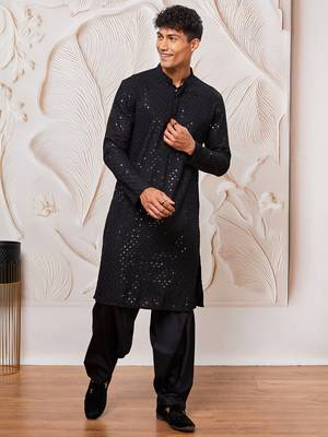 mens black cotton kurta with viscose patiala set - festive ethnic wear with sequin embroidery 1