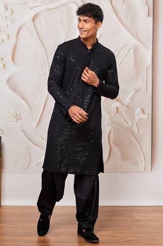 mens black cotton kurta with viscose patiala set - festive ethnic wear with sequin embroidery