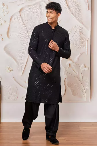mens black cotton kurta with viscose patiala set - festive ethnic wear with sequin embroidery