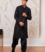 mens black cotton kurta with viscose patiala set - festive ethnic wear with sequin embroidery