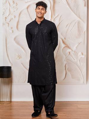 mens black cotton kurta with viscose patiala set - festive ethnic wear with sequin embroidery 2