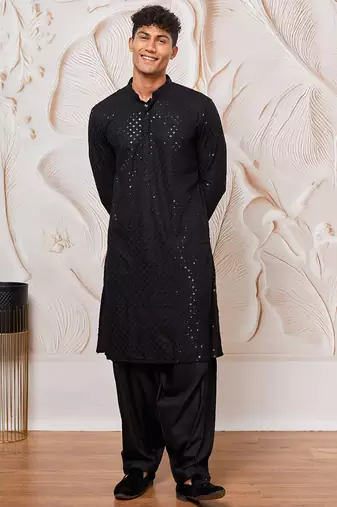 mens black cotton kurta with viscose patiala set - festive ethnic wear with sequin embroidery