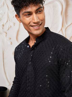 mens black cotton kurta with viscose patiala set - festive ethnic wear with sequin embroidery 3