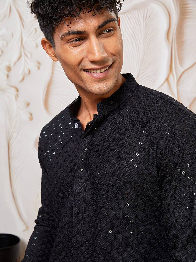 mens black cotton kurta with viscose patiala set - festive ethnic wear with sequin embroidery