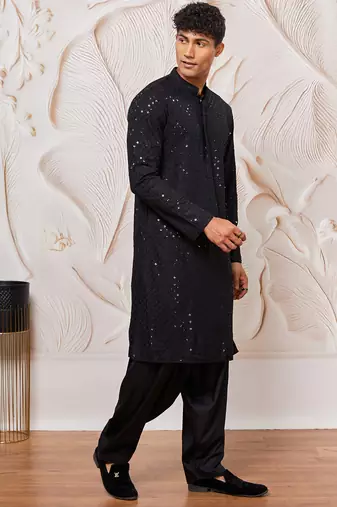 mens black cotton kurta with viscose patiala set - festive ethnic wear with sequin embroidery