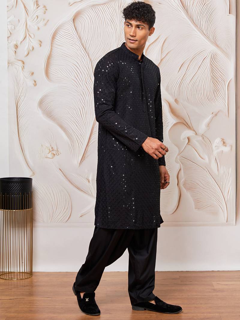 mens black cotton kurta with viscose patiala set - festive ethnic wear with sequin embroidery