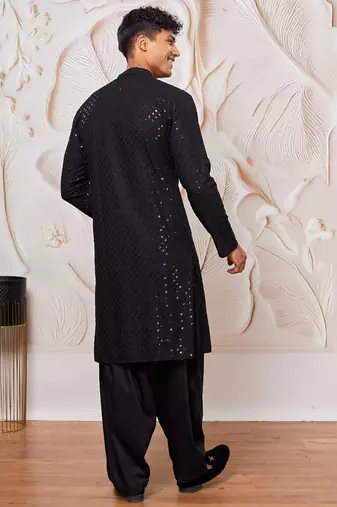 mens black cotton kurta with viscose patiala set - festive ethnic wear with sequin embroidery