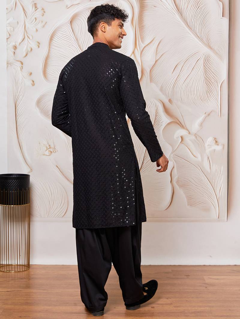 mens black cotton kurta with viscose patiala set - festive ethnic wear with sequin embroidery