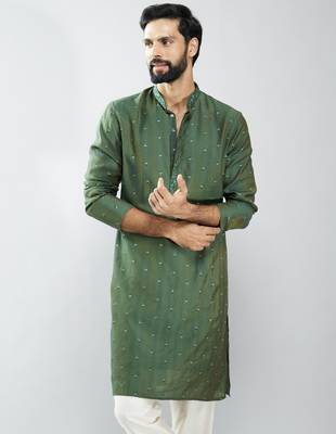 men mehendi green silk blend embroidered long kurta  wedding & festive wear 1