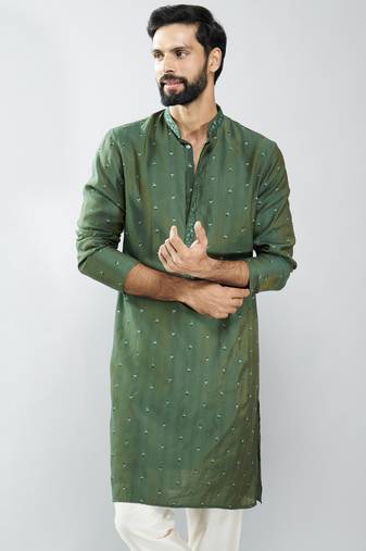 men mehendi green silk blend embroidered long kurta  wedding & festive wear