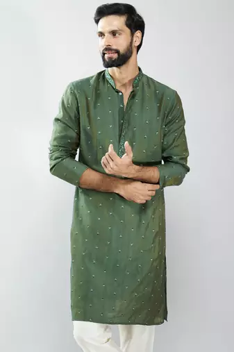 men mehendi green silk blend embroidered long kurta  wedding & festive wear