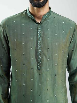 men mehendi green silk blend embroidered long kurta  wedding & festive wear 2