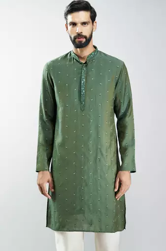 men mehendi green silk blend embroidered long kurta  wedding & festive wear
