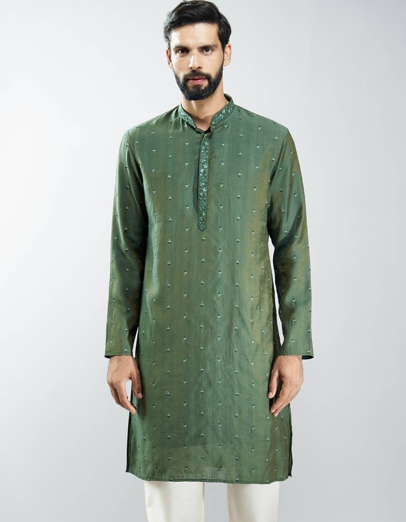 men mehendi green silk blend embroidered long kurta  wedding & festive wear