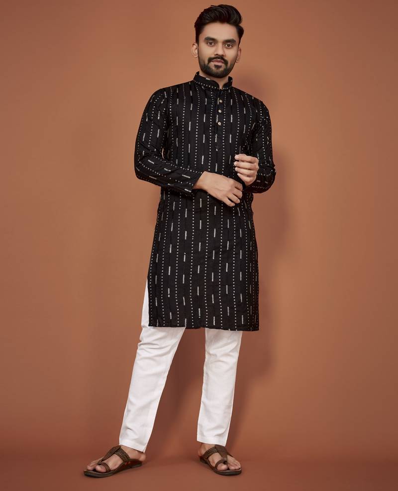 Black embroidered cotton straight kurta
