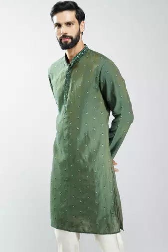 men mehendi green silk blend embroidered long kurta  wedding & festive wear