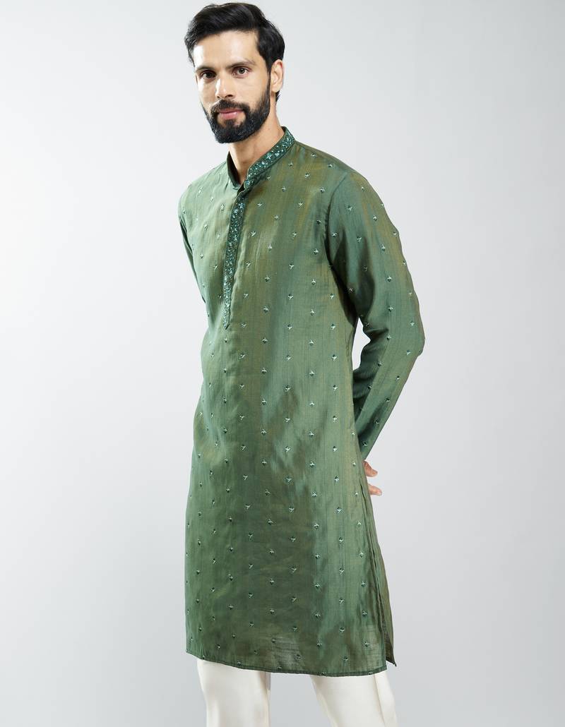 men mehendi green silk blend embroidered long kurta  wedding & festive wear