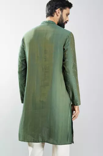 men mehendi green silk blend embroidered long kurta  wedding & festive wear