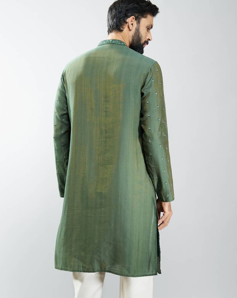 men mehendi green silk blend embroidered long kurta  wedding & festive wear