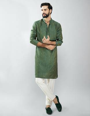 men mehendi green silk blend embroidered kurta set with cream pyjama  wedding & festive wear 1