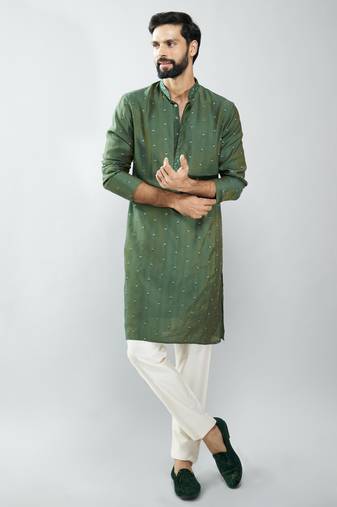 men mehendi green silk blend embroidered kurta set with cream pyjama  wedding & festive wear