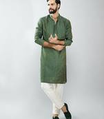 men mehendi green silk blend embroidered kurta set with cream pyjama  wedding & festive wear